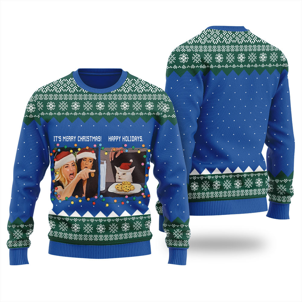 Funny Woman Yelling At A Cat Meme Mens Ugly Sweater Personalized Christmas Sweatshirt Gift for Family