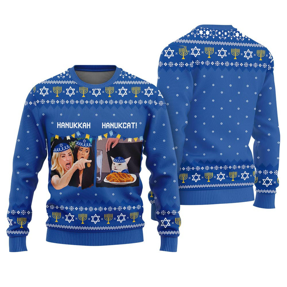 Funny Yelling Women And The Cat Meme Hanukkah Sweater Warm and Comfy Sweater for Winter Days