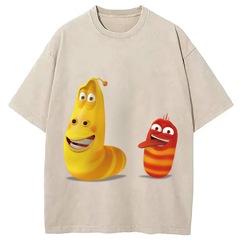 Funny Yellow and Red Larva Washed T-Shirt Trendy Everyday Casual Outfit Gifts For Sister