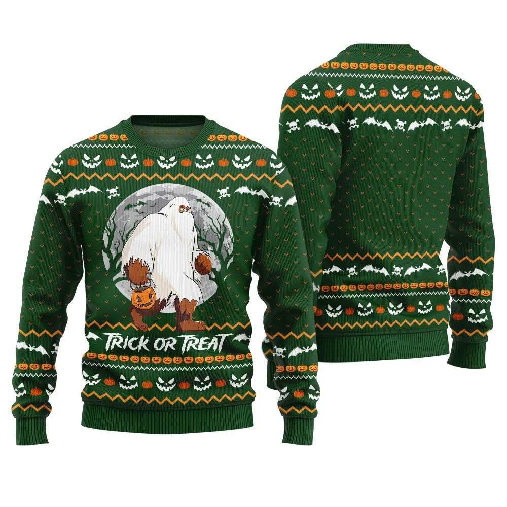 Funny Yeti Trick Or Treat Ugly Halloween Sweater Green Unique Holiday Sweater Gift Idea for Loved Ones
