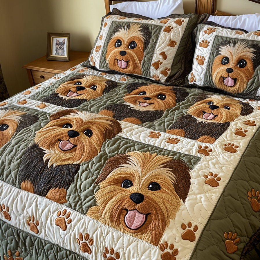 Fur Fantasy Quilted Bedding Set Unique Bed Sheet Set Yorkshire Terrier Themed Gifts