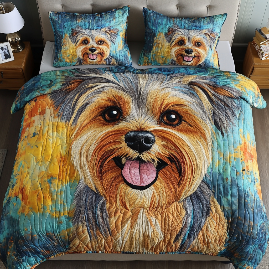 Furry Bliss Quilted Bedding Set Bed Decor Yorkshire Terrier Presents