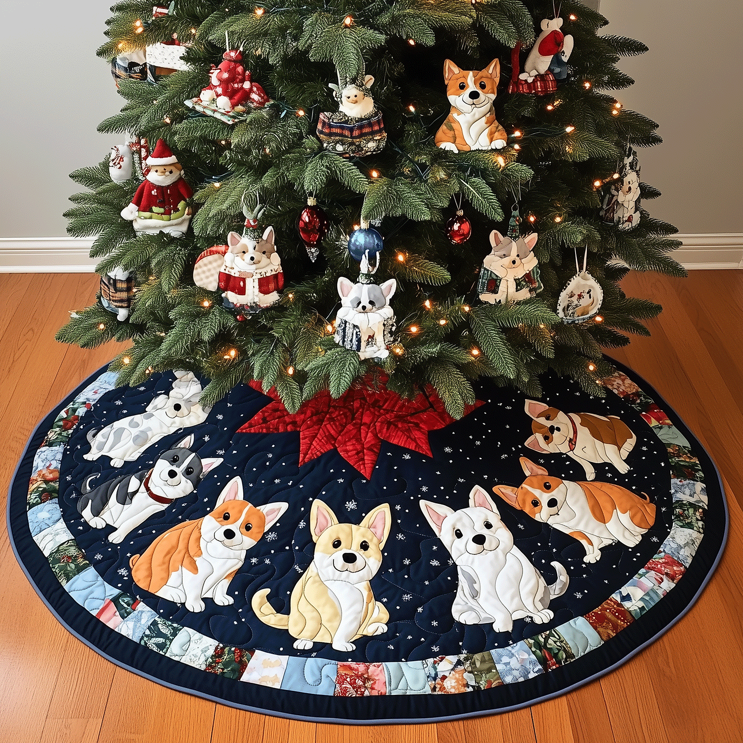 Furry Festive Friends Quilted Christmas Tree Skirt Classic Red and White Tree Skirt for Traditional Decor