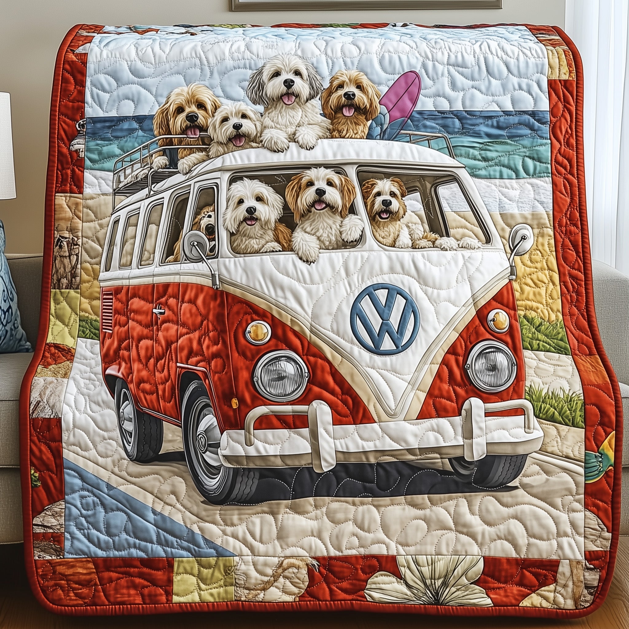 Furry Friends on Wheels Quilted Blanket Cute Bed BlanketChristmas Gifts For Dog Lovers