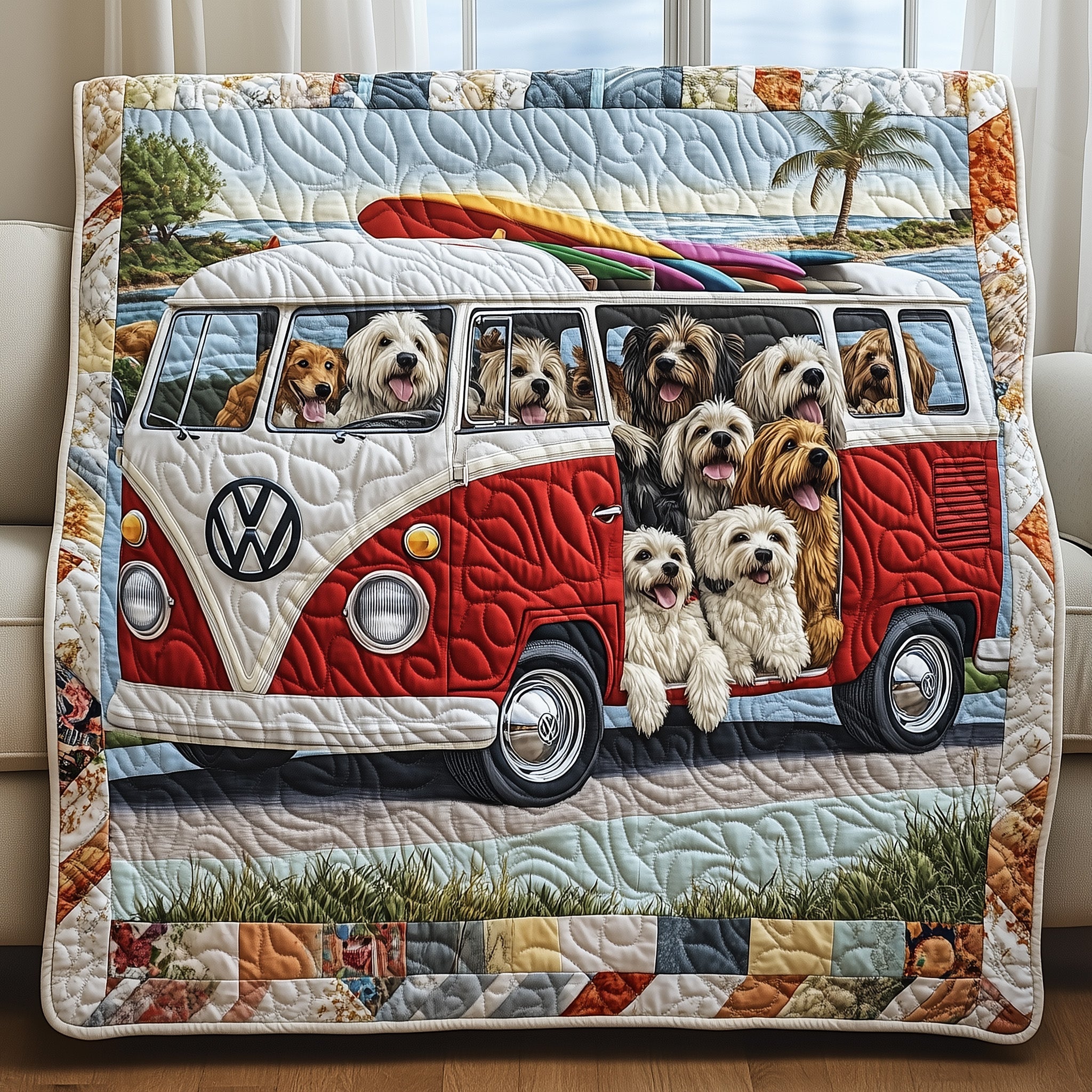 Furry Friends on Wheels Quilted Blanket Cute Bed BlanketDog Dad Fathers Day Gifts