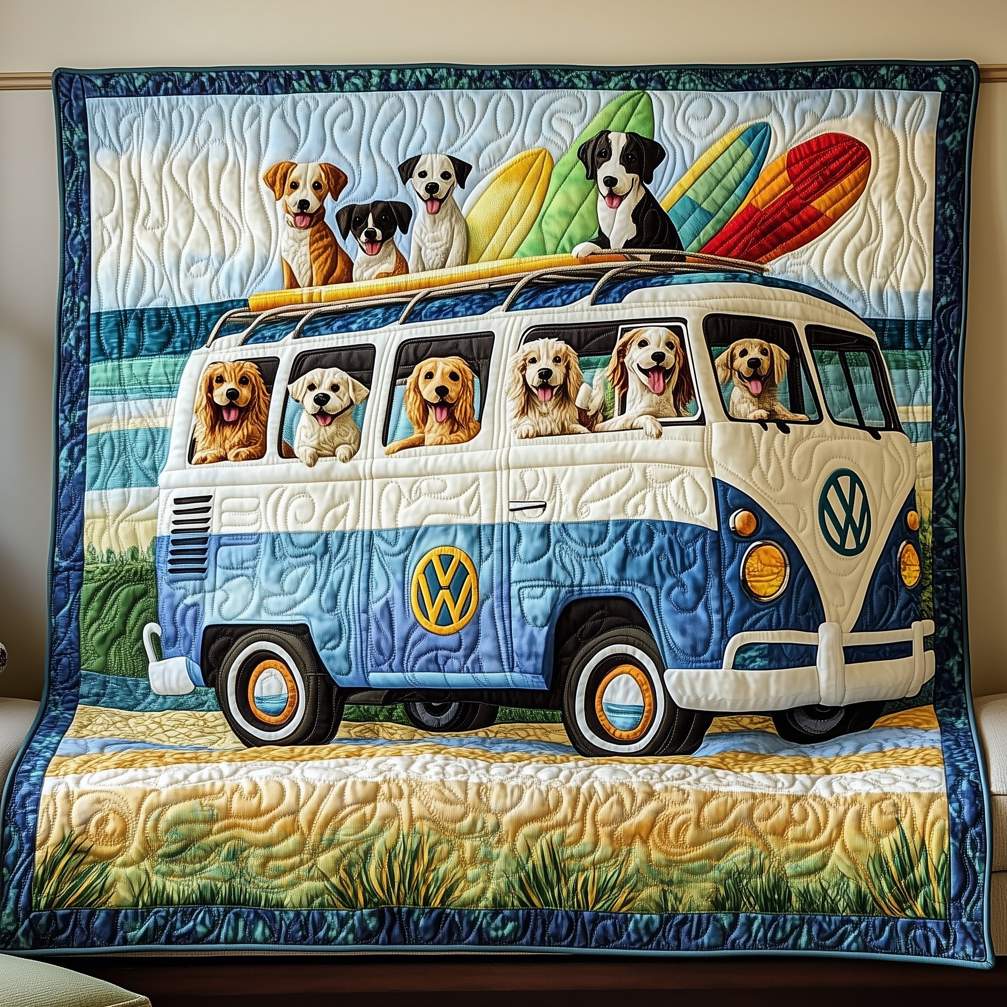 Furry Friends on Wheels Quilted Blanket Cute Bed BlanketDog Themed Gifts
