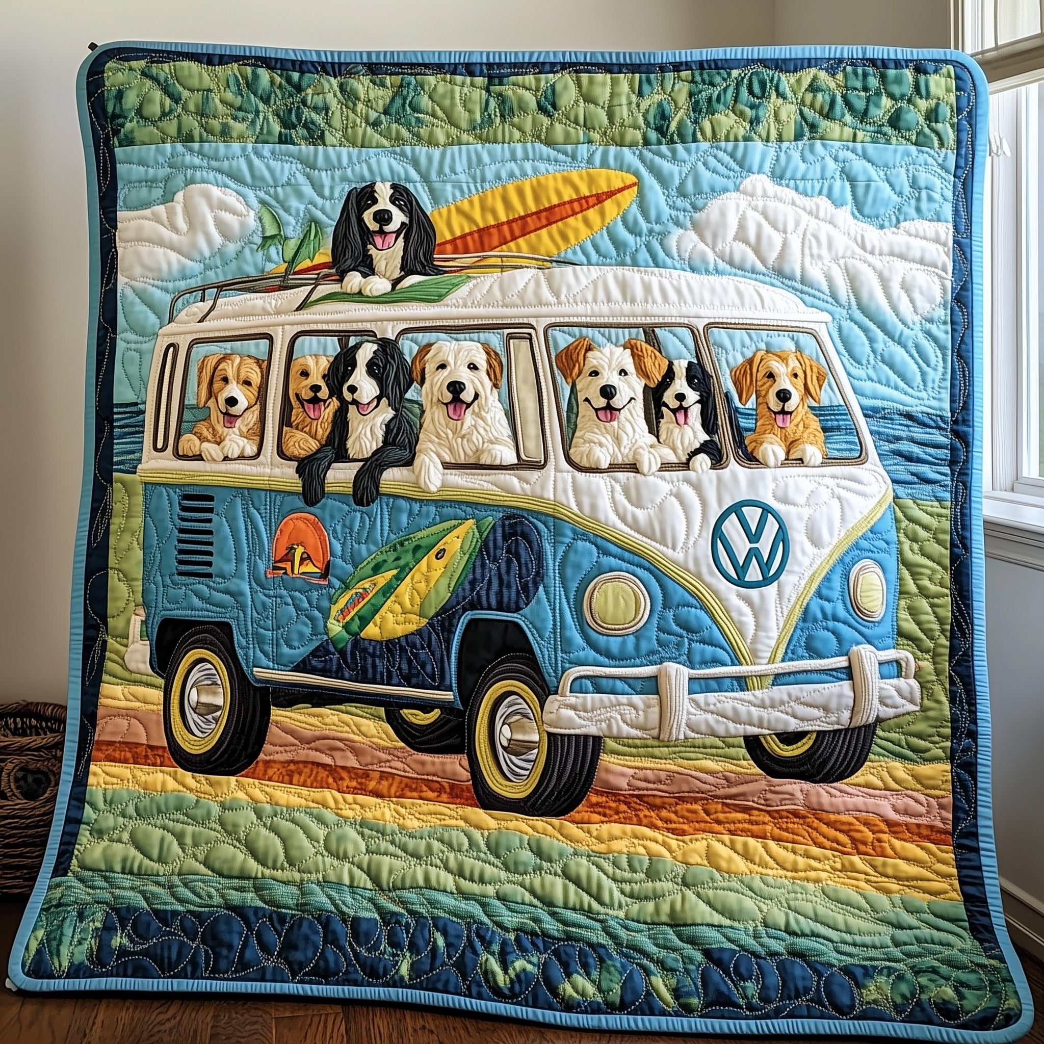 Furry Friends on Wheels Quilted Blanket Cute Bed BlanketPresents For People With Dogs