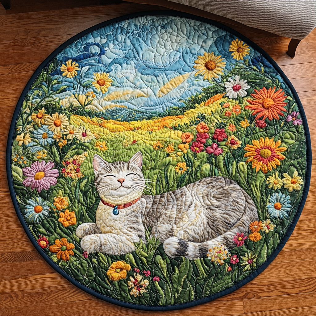 Furry Nap Joy Quilted Round Mat Foyer Christmas Decor Xmas Gifts For Cat Lovers
