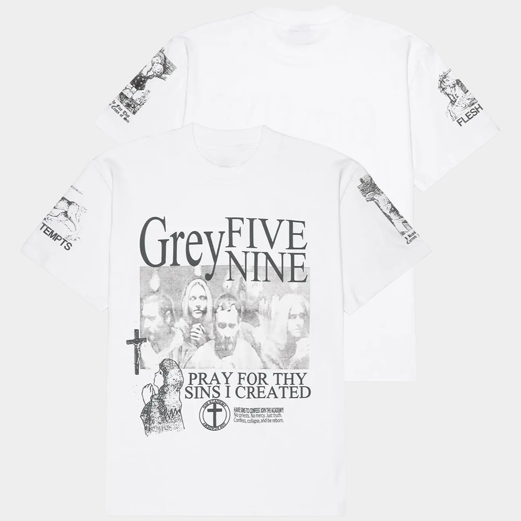 G59 Merch G59 Confessional T-Shirt Grey Five Nine Shirt Pray For Thy Sins I Created Apparel