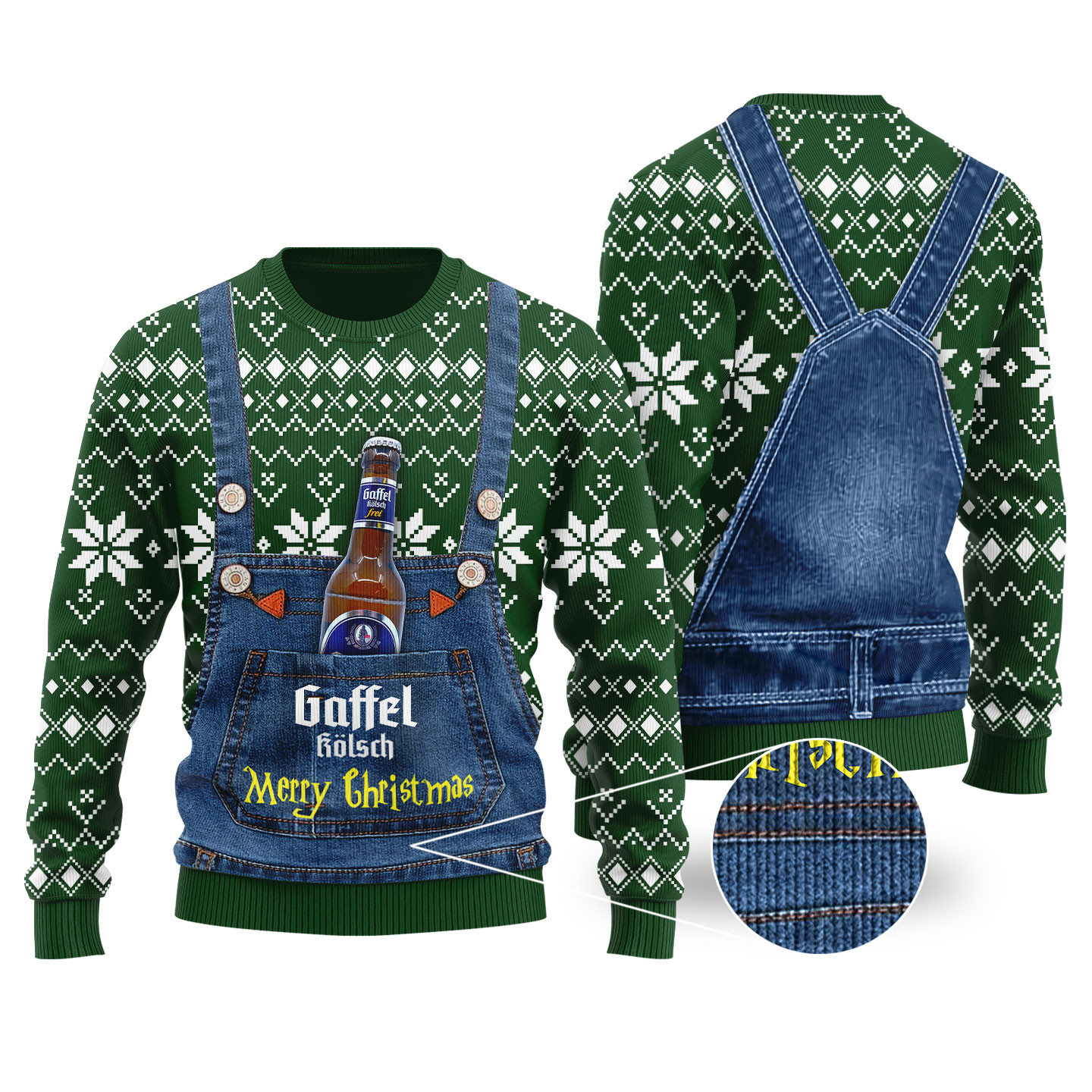 Gaffel Kolsch Ugly Christmas Sweater Forest Green Unique Holiday Sweater Gift Idea for Loved Ones