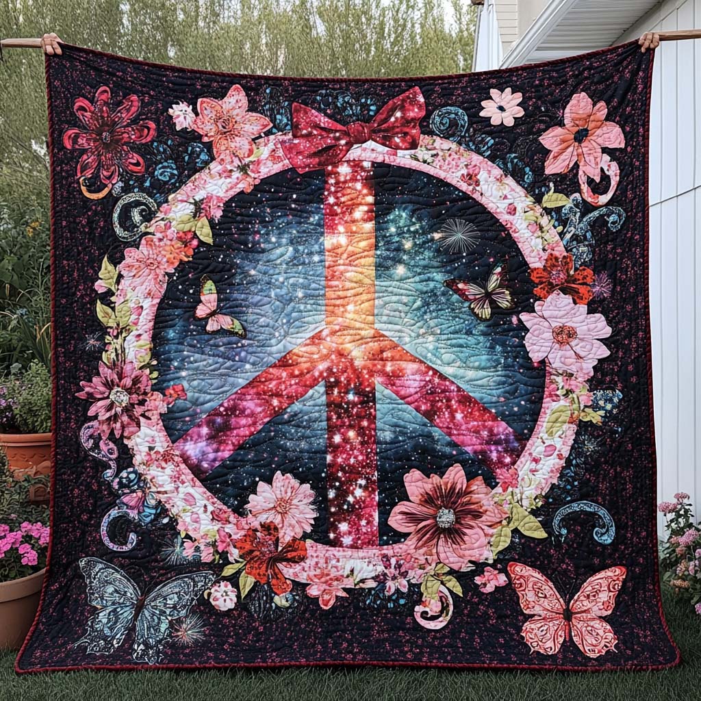 Galactic Peace Quilted Blanket Cute Throw Blanket Hippie Gifts Ideas For Her