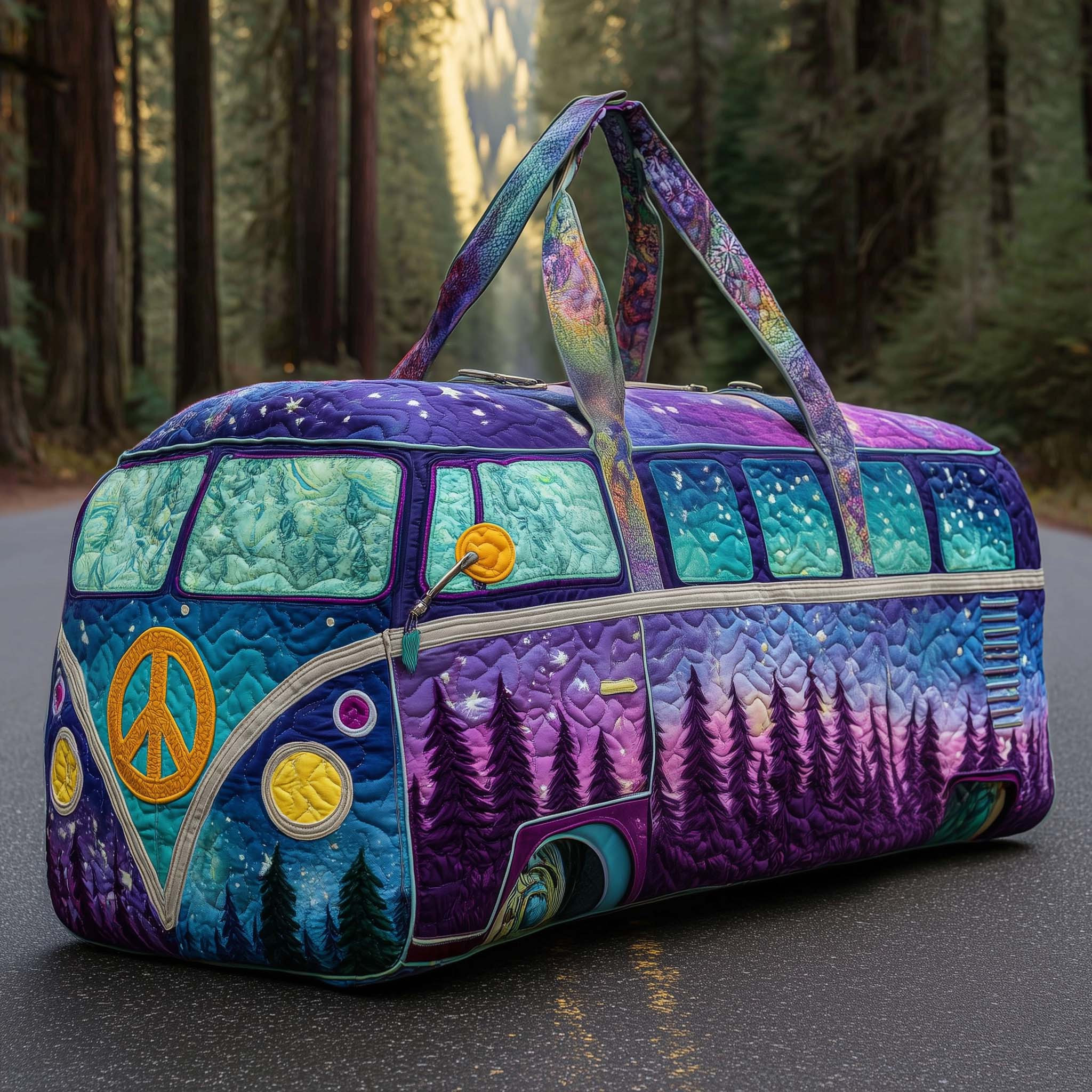 Galaxy Forest Hippie Van Quilted Duffle Bag Purple Night Sky Pine Trees Travel Gift
