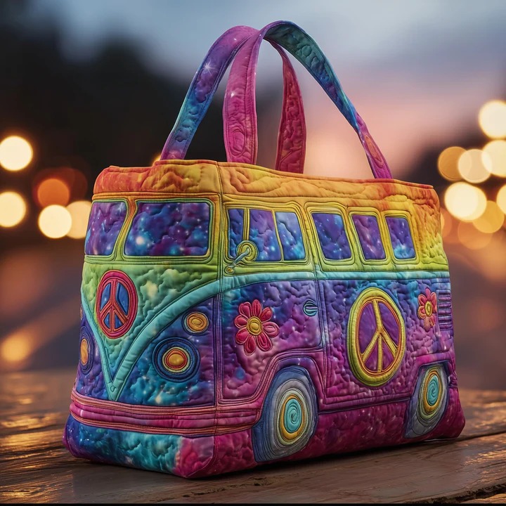 Galaxy Hippie Bus Quilted Tote Bag Tie Dye Peace Bag Boho Best Gift For Women