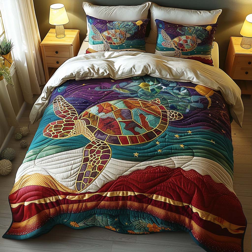 Galaxy Wave Turtle Quilted Bedding Set Queen Size Comforter Space Lover Gift For Mom