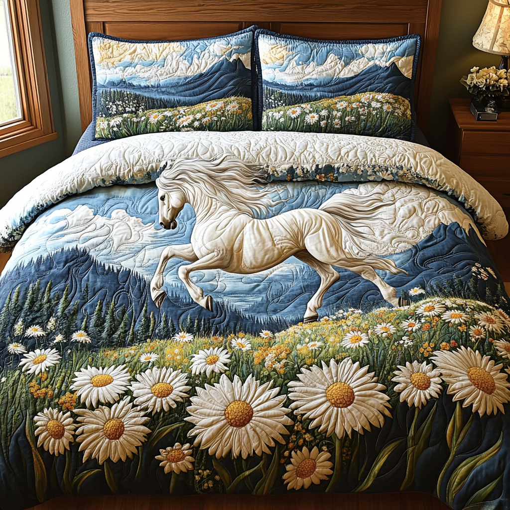 Galloping Daisies Quilted Bedding Set Bedroom Decorations Unique Horse Gifts For Ladies