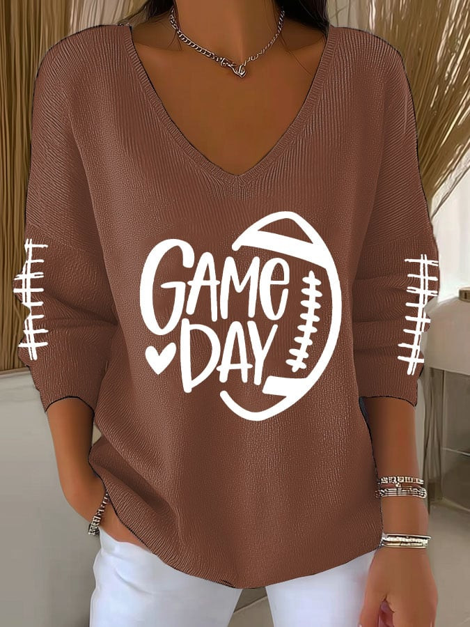 Game Day Football Graphic V-Neck Long Sleeve Football Clothing Best Gifts For Football Lovers