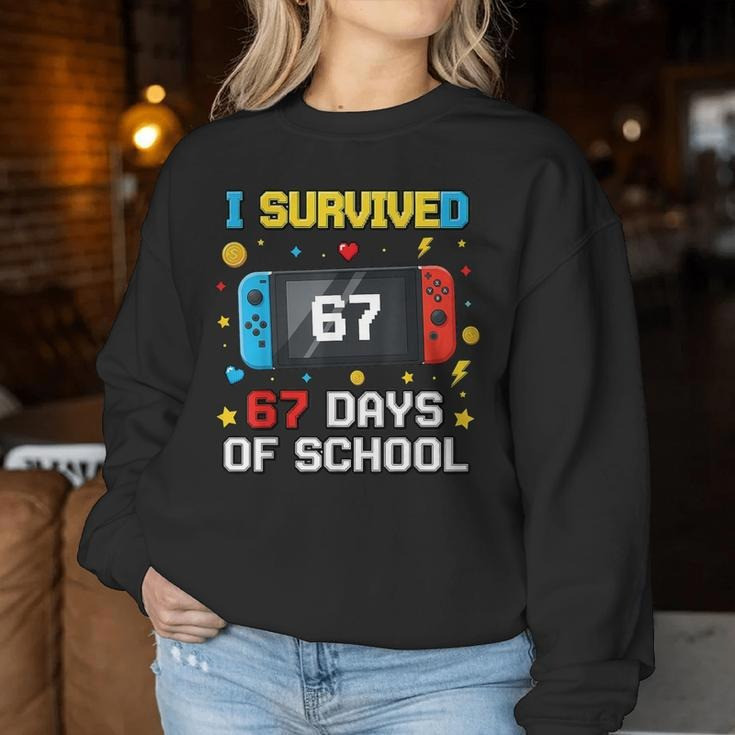 Gaming I Survived 67 Days Of School Sweatshirt Funny Pixel Clothing Gifts For Gamer