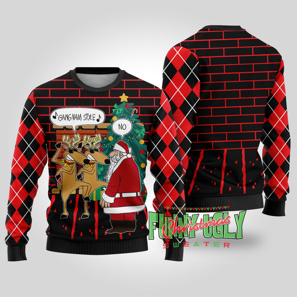 Gangnam Style Reindeer Santa Funny Christmas Sweater Black Custom Christmas Sweatshirt for Family Matching