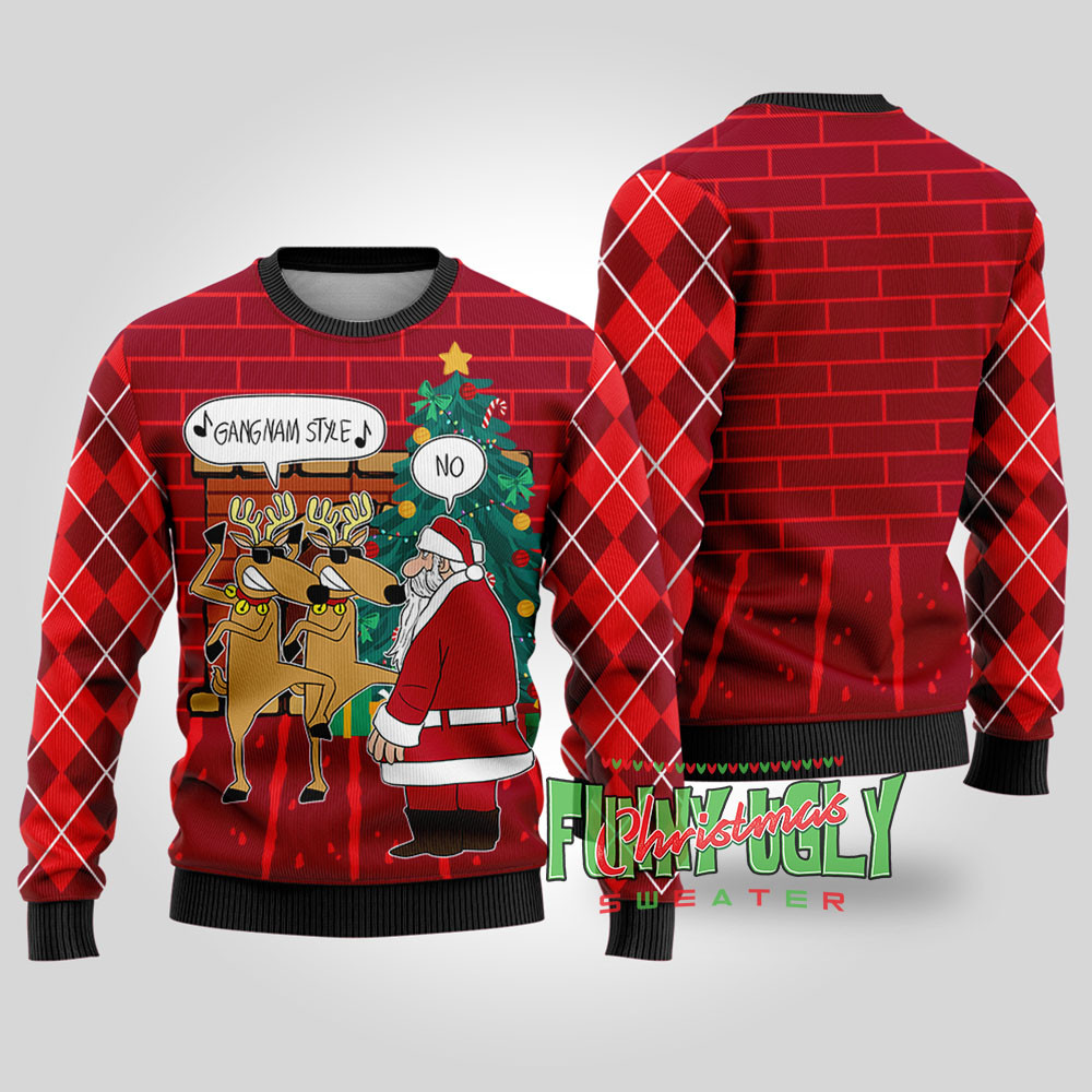 Gangnam Style Reindeer Santa Funny Christmas Sweater Cardinal Red Custom Christmas Sweatshirt for Family Matching