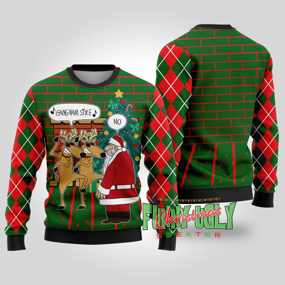 Gangnam Style Reindeer Santa Funny Christmas Sweater Forest Green Perfect Gift Sweater for Friends and Family