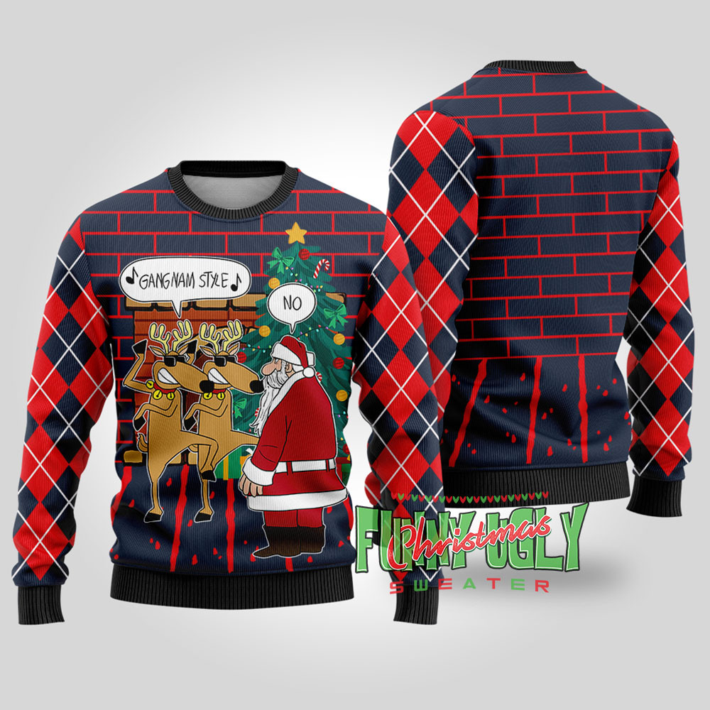 Gangnam Style Reindeer Santa Funny Christmas Sweater Navy Perfect Gift Sweater for Friends and Family