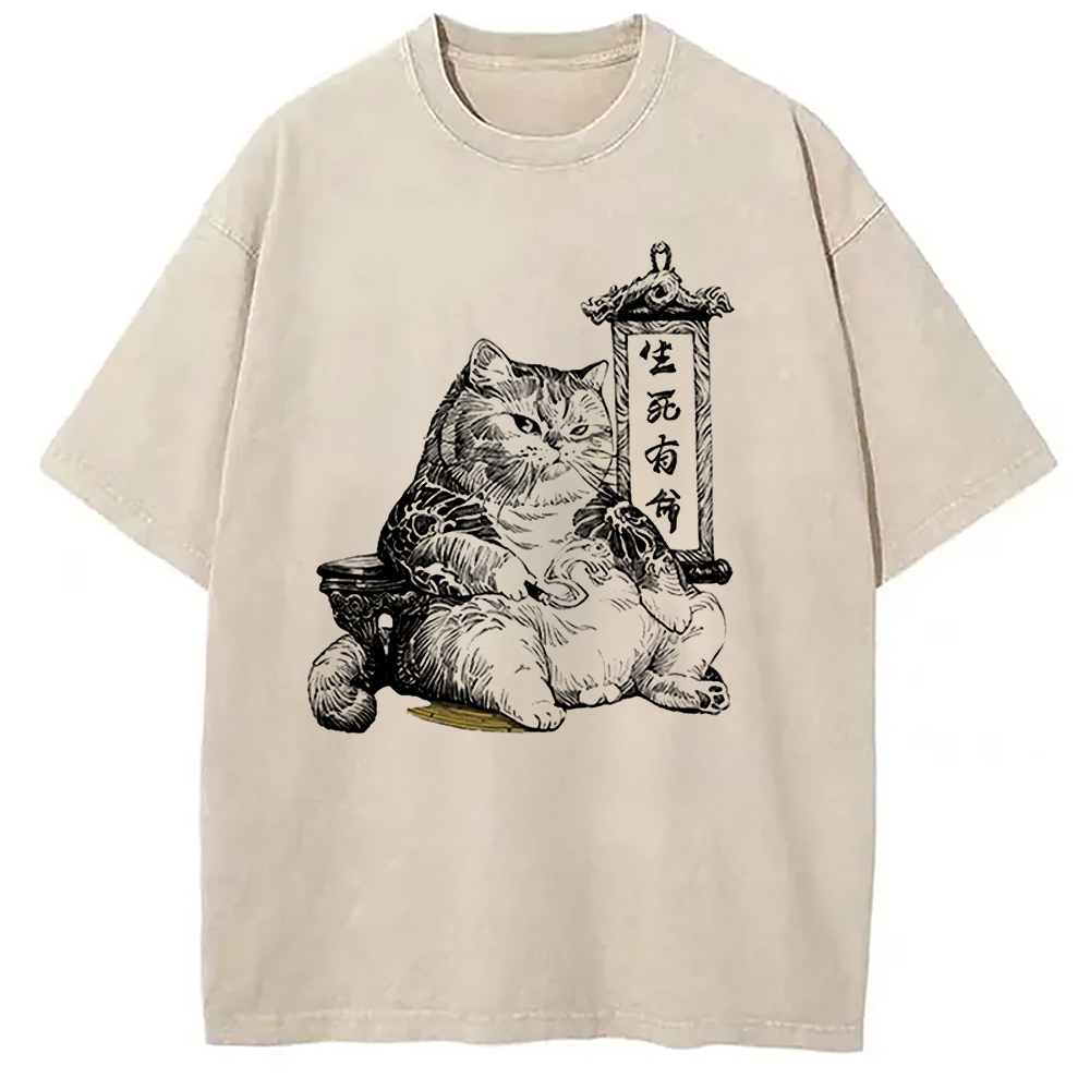 Gangster Cats Creative Washed T-Shirt Retro Humor Graphic Top Gifts For Her