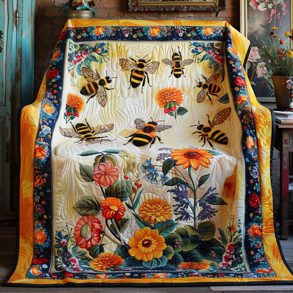 Garden Bee Art Quilted Blanket Cute Fuzzy Blankets