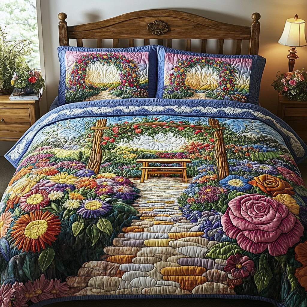 Garden Bench Quilted Bedding Set Cute Room Decor Christmas Flower Gifts