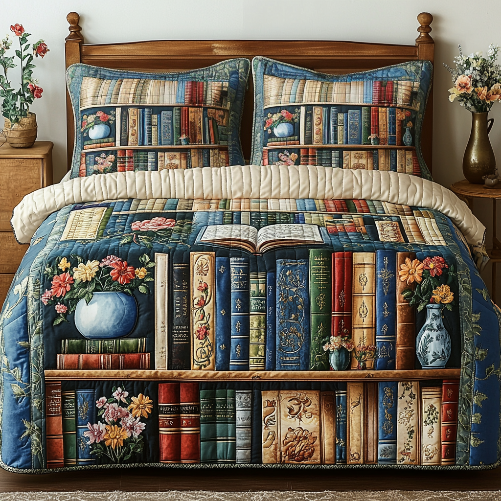 Garden Bookscape Quilted Bedding Set Bedspread Set Great Book Themed Gifts