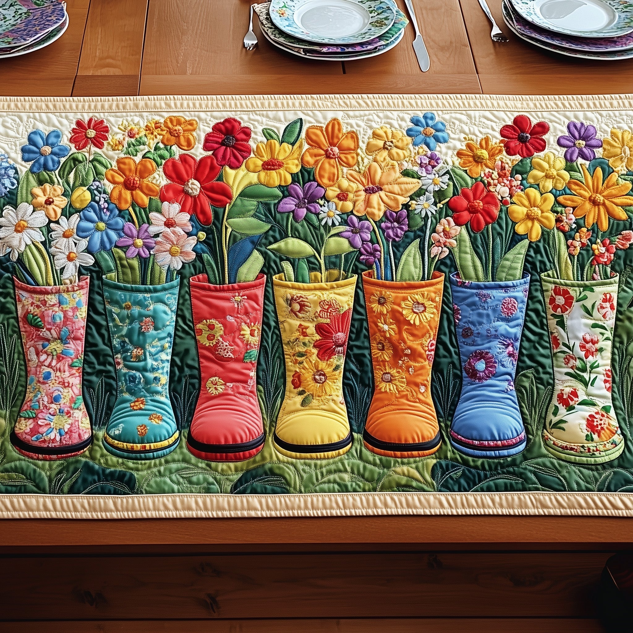 Garden Boot Delight Quilted Table Runner Festive Christmas Dining Room Table Runner