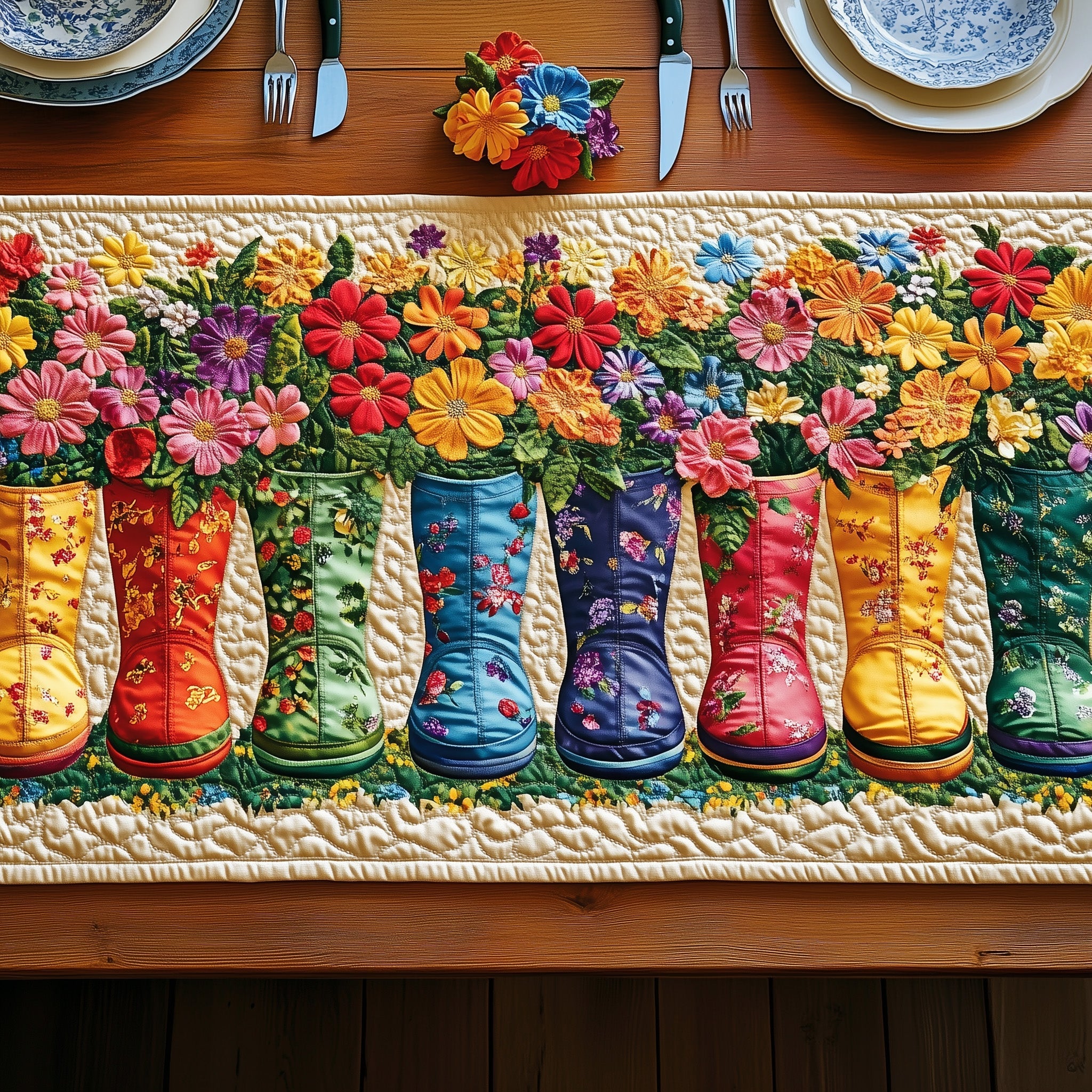 Garden Boot Delight Quilted Table Runner Seasonal Table Runner for Holidays
