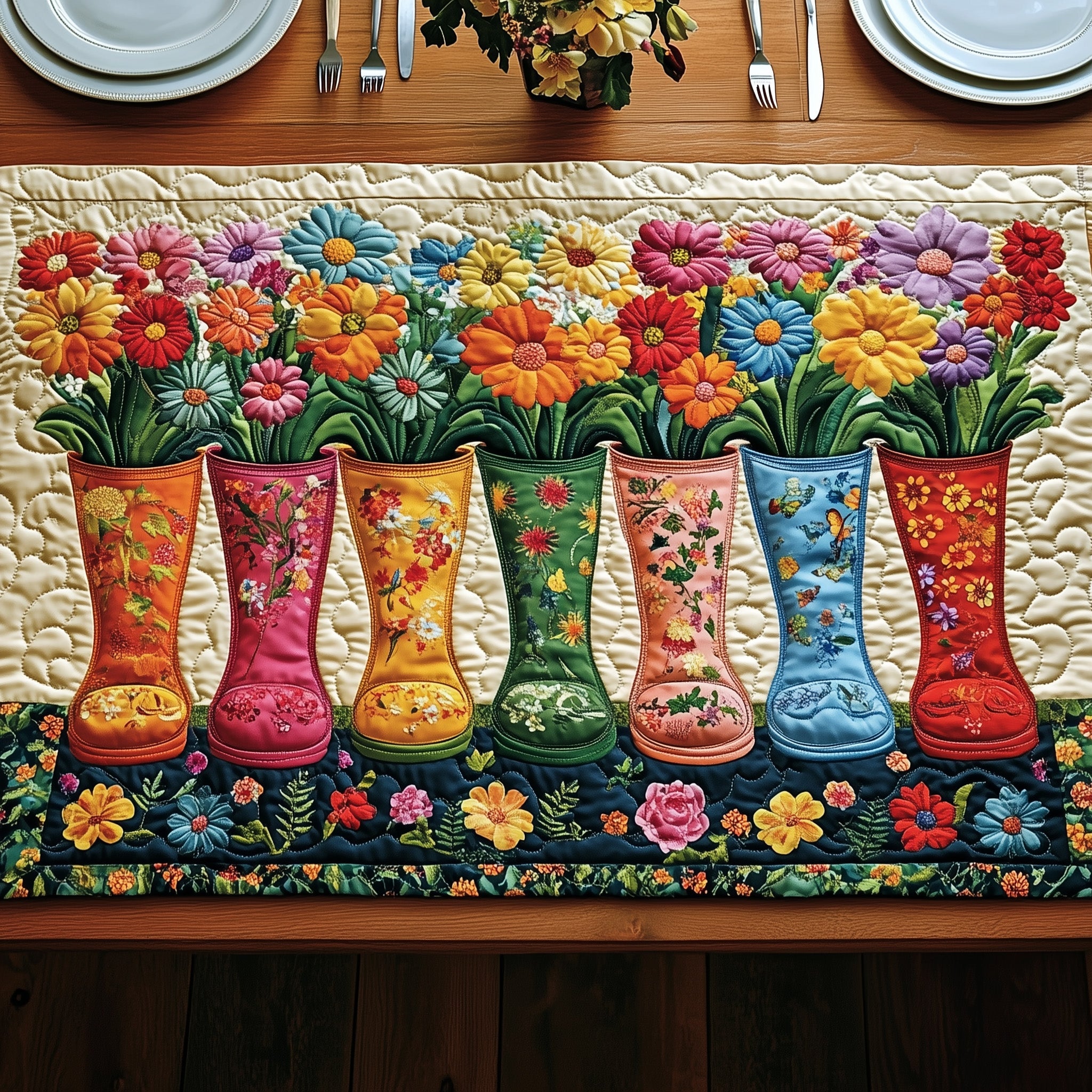 Garden Boot Delight Quilted Table Runner Special Occasion Table Runner Gift
