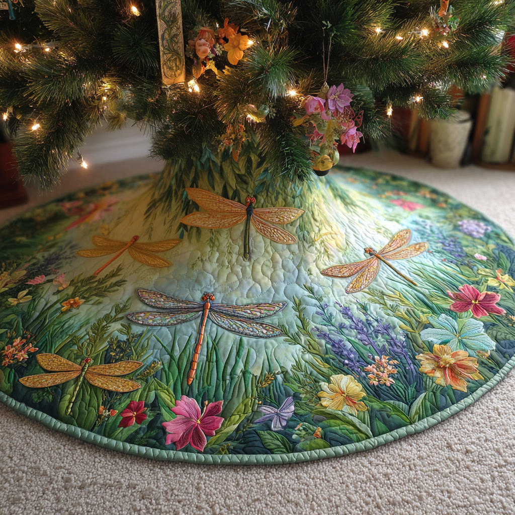 Garden Breeze Christmas Quilted Tree Skirt Winter Decor Christmas Gifts For Dragonfly Lovers