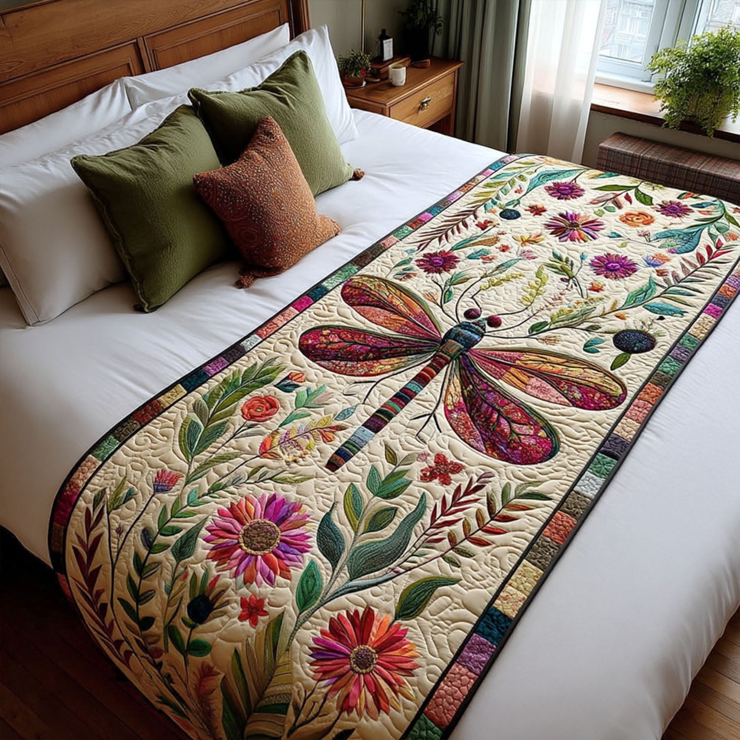 Garden Breeze Quilted Bed Runner Cool Bedroom Decor Great Dragonfly Lover Gifts