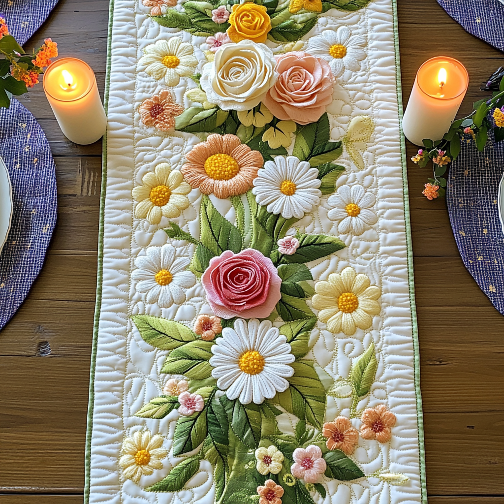 Garden Breeze Quilted Table Runner Dinner Table Decor Flower Daisy Gifts For Her