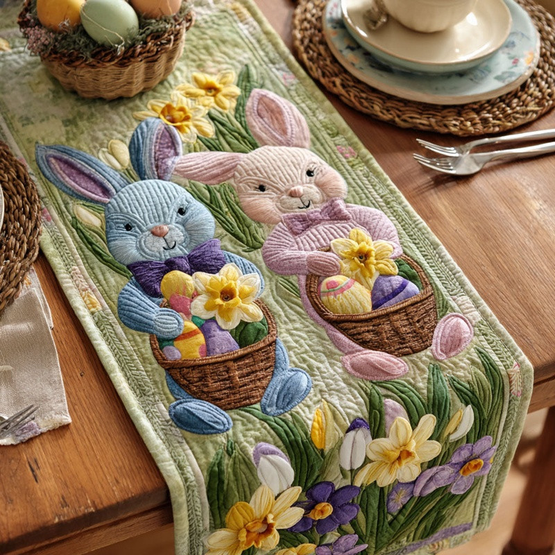 Garden Bunny Quilted Table Runner Easter Spring Table Decor Gift For Easter Lovers
