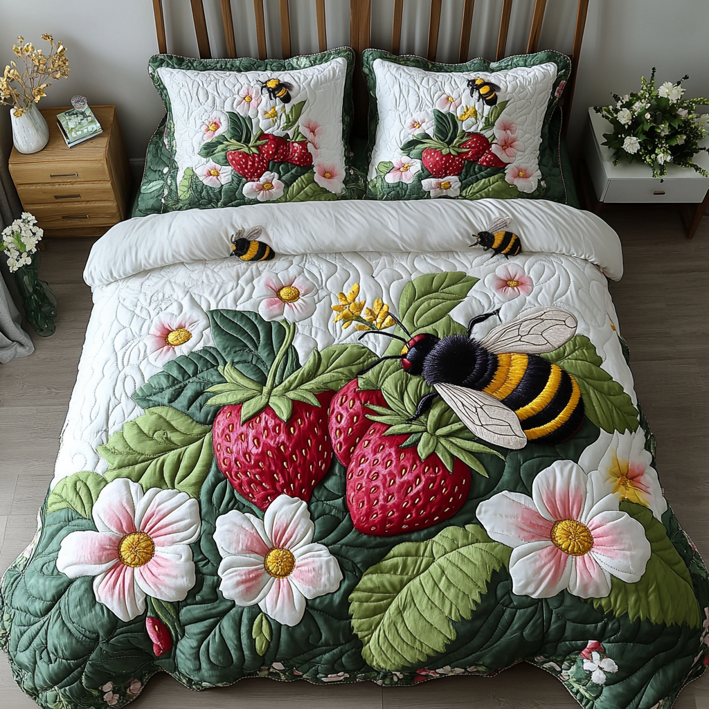 Garden Buzz Quilted Bedding Set Aesthetic Room Decor Best Bee Gifts For Women
