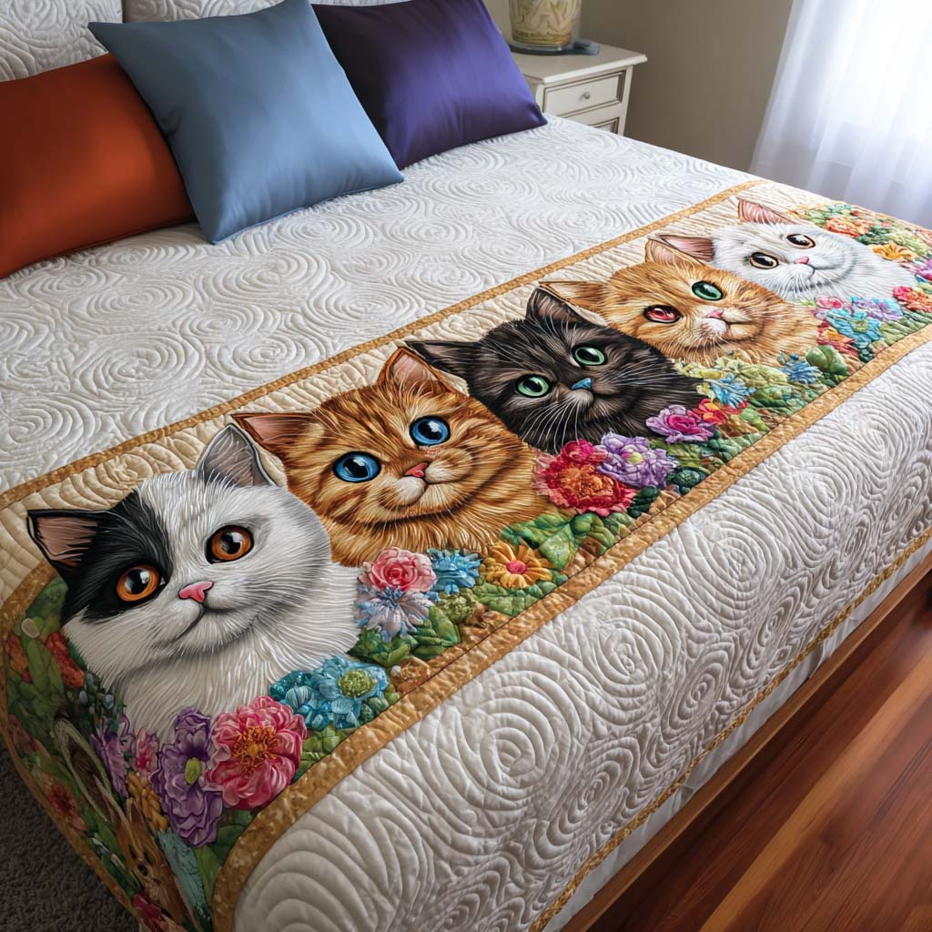 Garden Cats Quilted Bed Runner Cool Bedroom Decor Cat Presents For Christmas