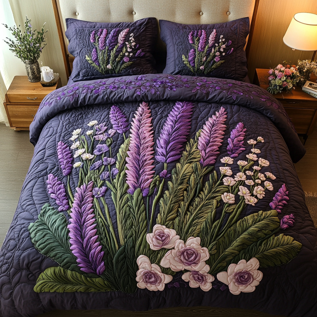 Garden Charm Quilted Bedding Set Aesthetic Room Decor Flower Lavender Plant Gift