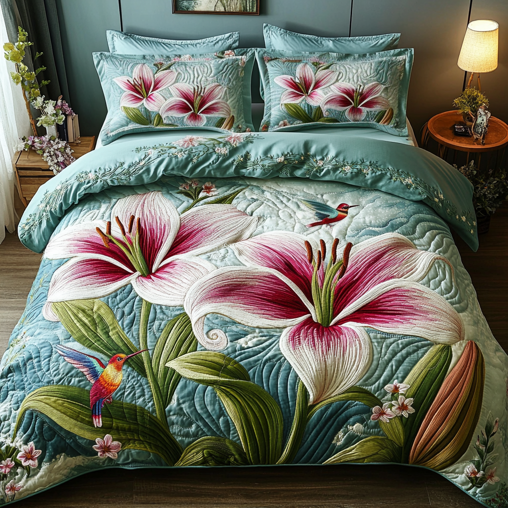 Garden Dreams Quilted Bedding Set Cozy Bedroom Decor Unique Gifts For Hummingbird Lovers