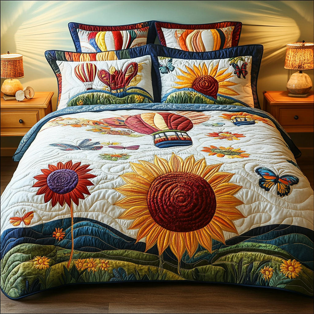 Garden Flight Dreams Quilted Bedding Set Bed Decor Sky Air Balloon Gifts For Adults 