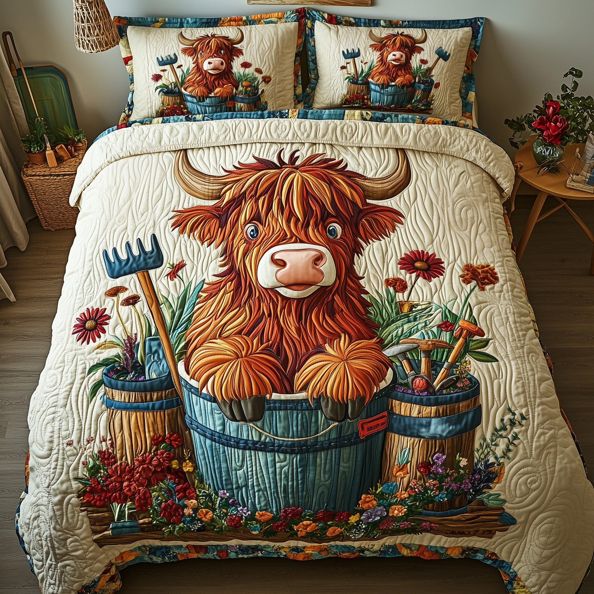 Garden Grazers Quilted Bedding Set Duvet Cover Bed Sheet Highland Cattle Gifts For Her