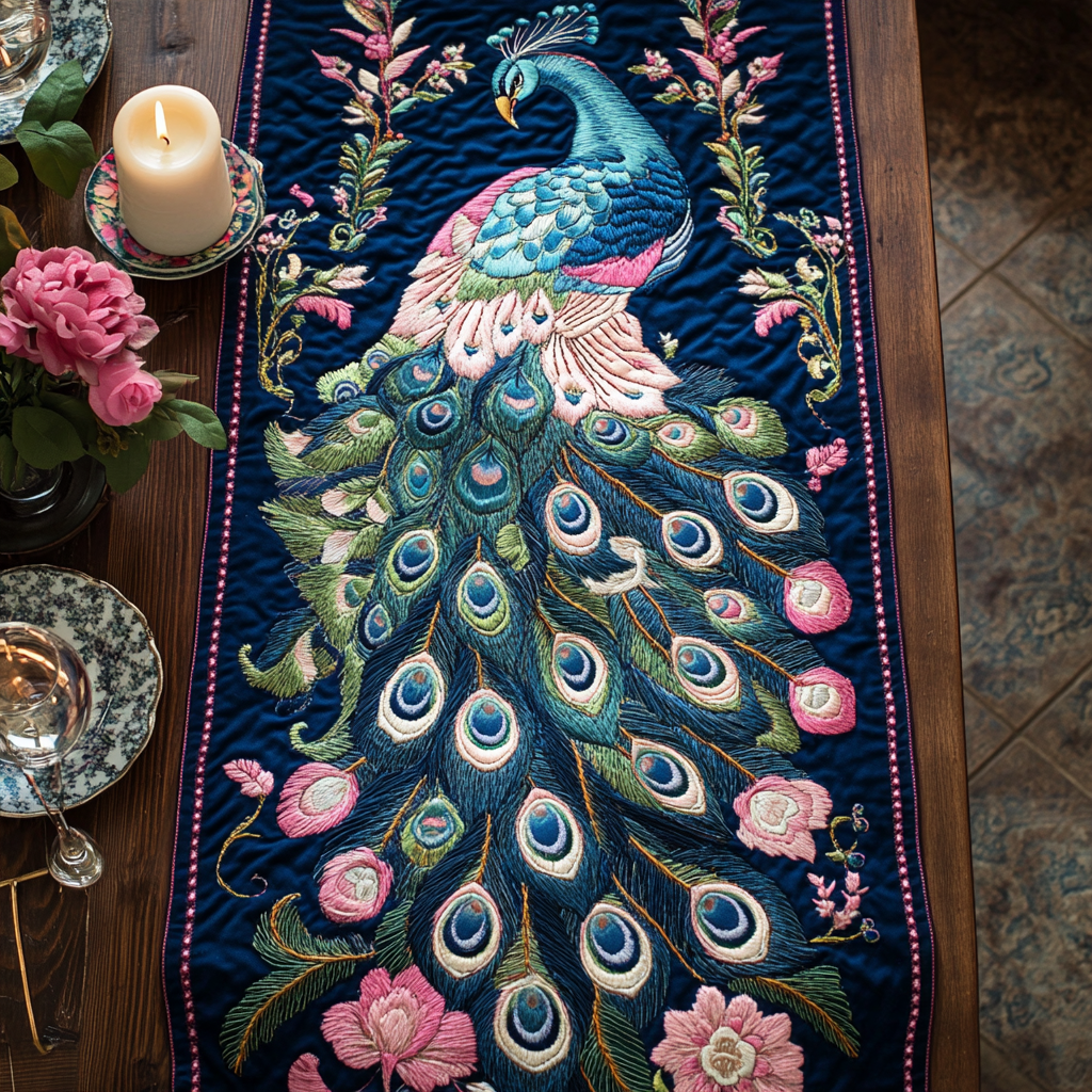 Garden Majesty Quilted Table Runner Dining Decor Peacock Lovers Gifts For Women