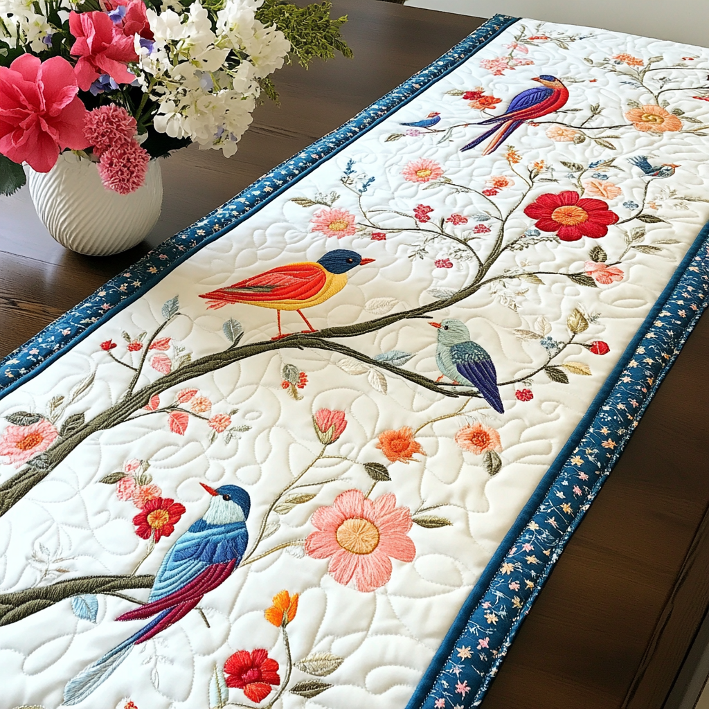 Garden Melody Quilted Table Runner Kitchen Table Decor Ideas Gifts For A Birdwatcher