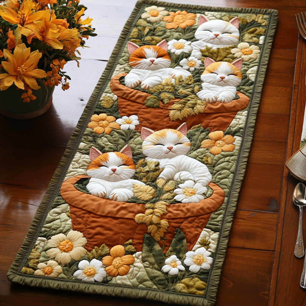Garden Meows Quilted Table Runner Dinner Table Decor Ideas Unique Cat Gifts For Cat Lovers