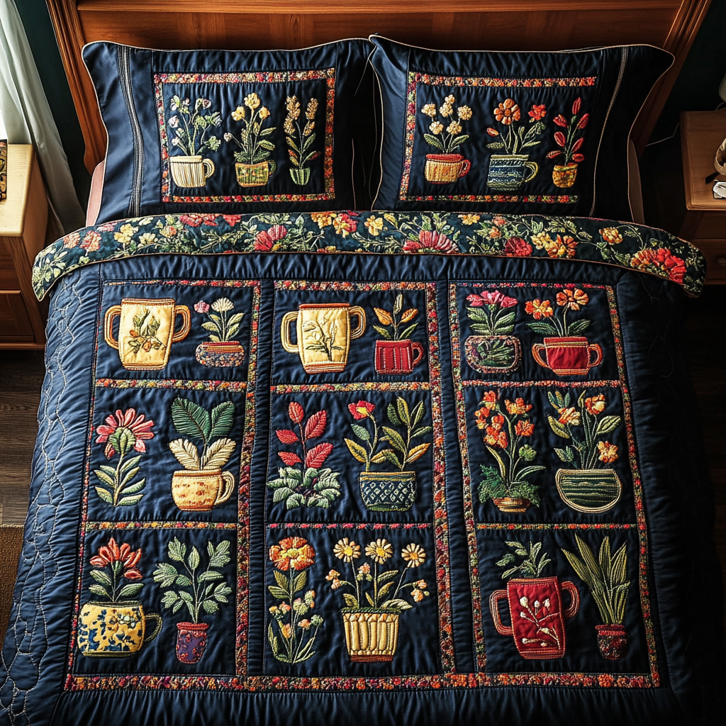 Garden Mugs Quilted Bedding Set Cute Bedroom Decor Gifts For The Flower Lover