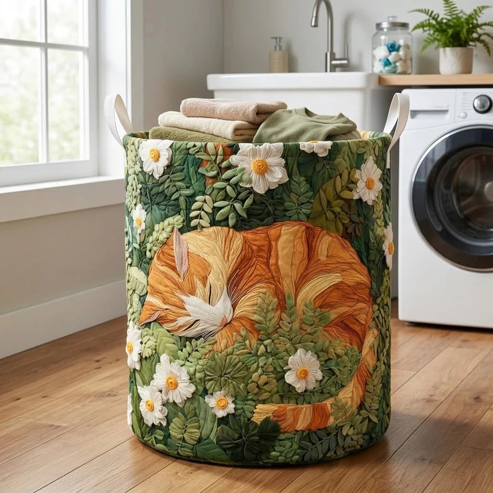 Garden Nap Cat Sleeping Florals Quilted Laundry Basket Boho Home Decor Best Gift For Cat Lovers