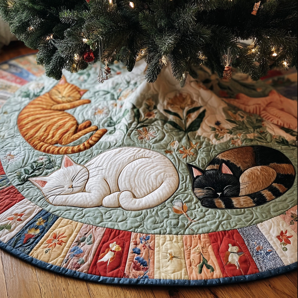 Garden Nap Cats Christmas Quilted Tree Skirt Xmas Tree Bottom Cover Cat Christmas Gifts