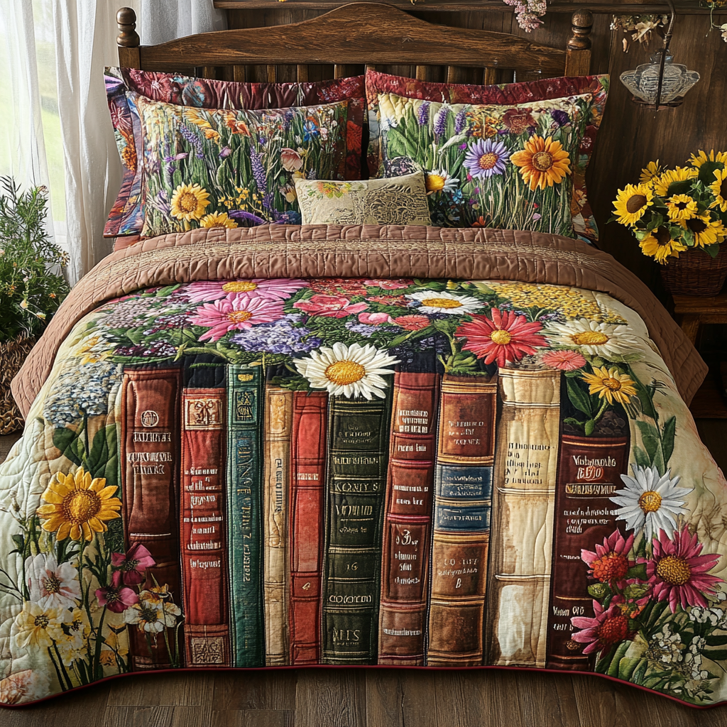 Garden of Books Quilted Bedding Set Christmas Duvet Sets Book Themed Gift Items - Image 4