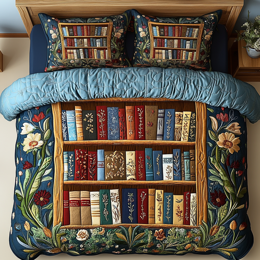 Garden of Books Quilted Bedding Set Christmas Duvet Sets Book Themed Gift Items - Image 3